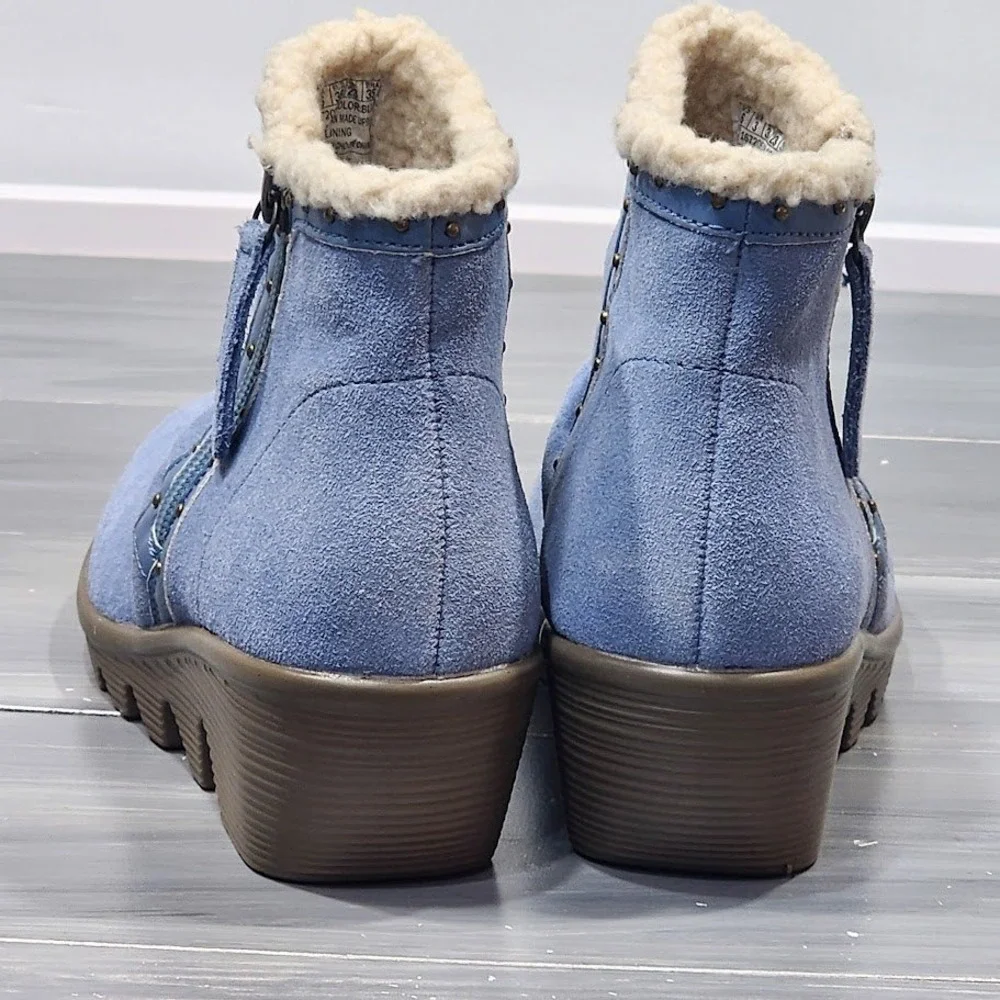 Skechers‎ Booties Jumper Sweet Stud Blue Suede Sherpa Lined Wedge Boots Size 6 - Picture 6 of 12